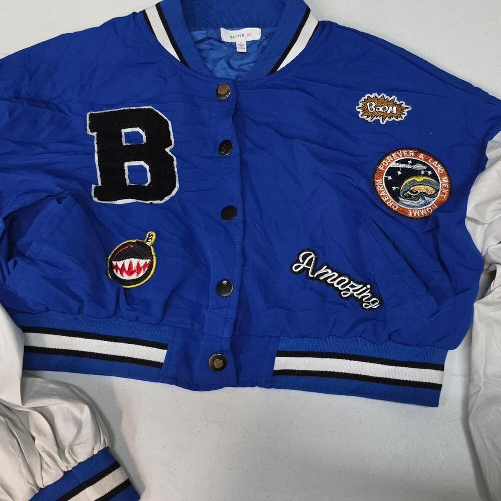 Better Be Blue White Patch Varsity Bomber Jacket Women’s Size M